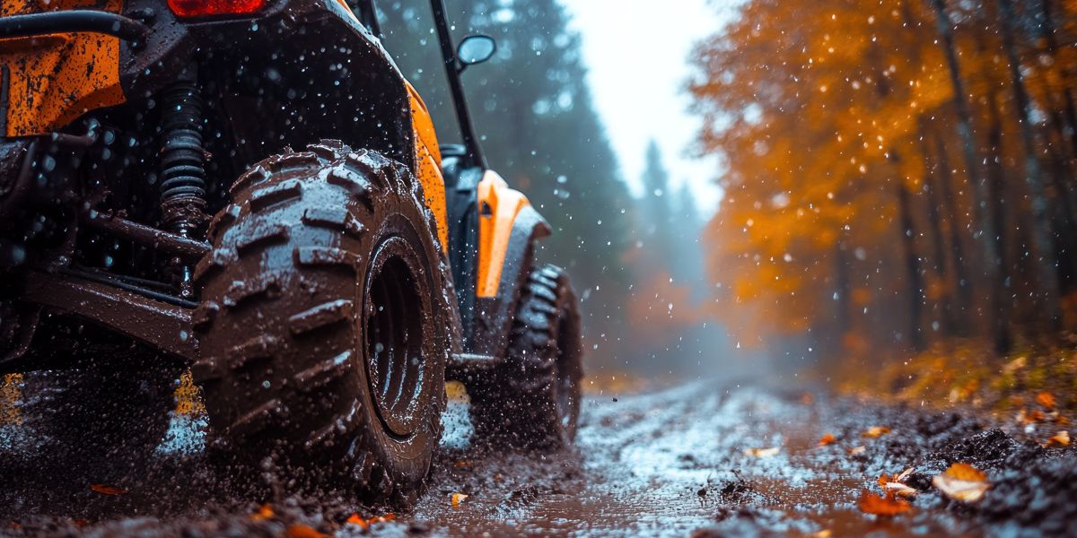 ATV on trail in woods in autumn