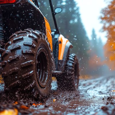 ATV on trail in woods in autumn
